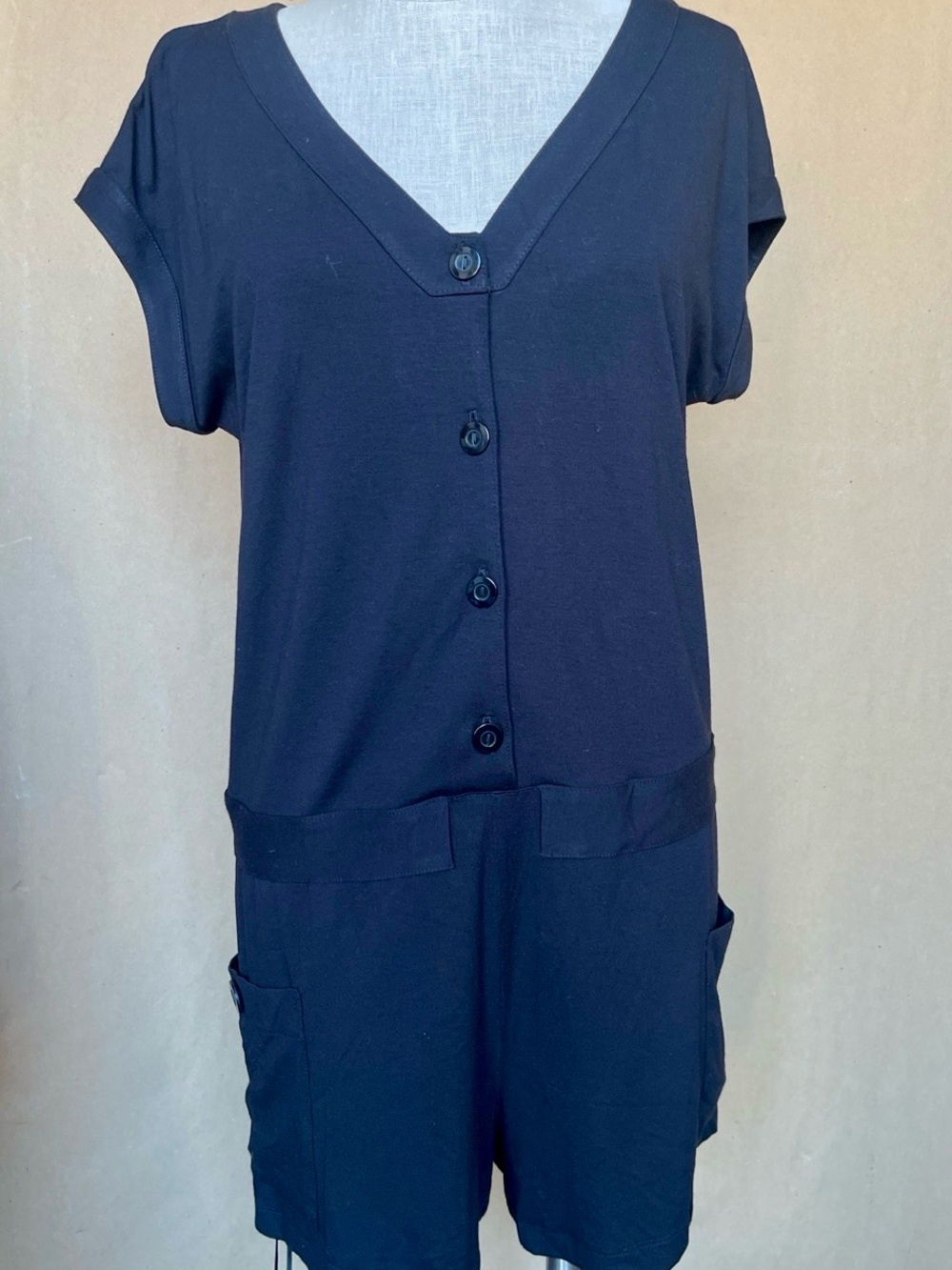 Matty M Black V-Neck Short Sleeve Button Romper